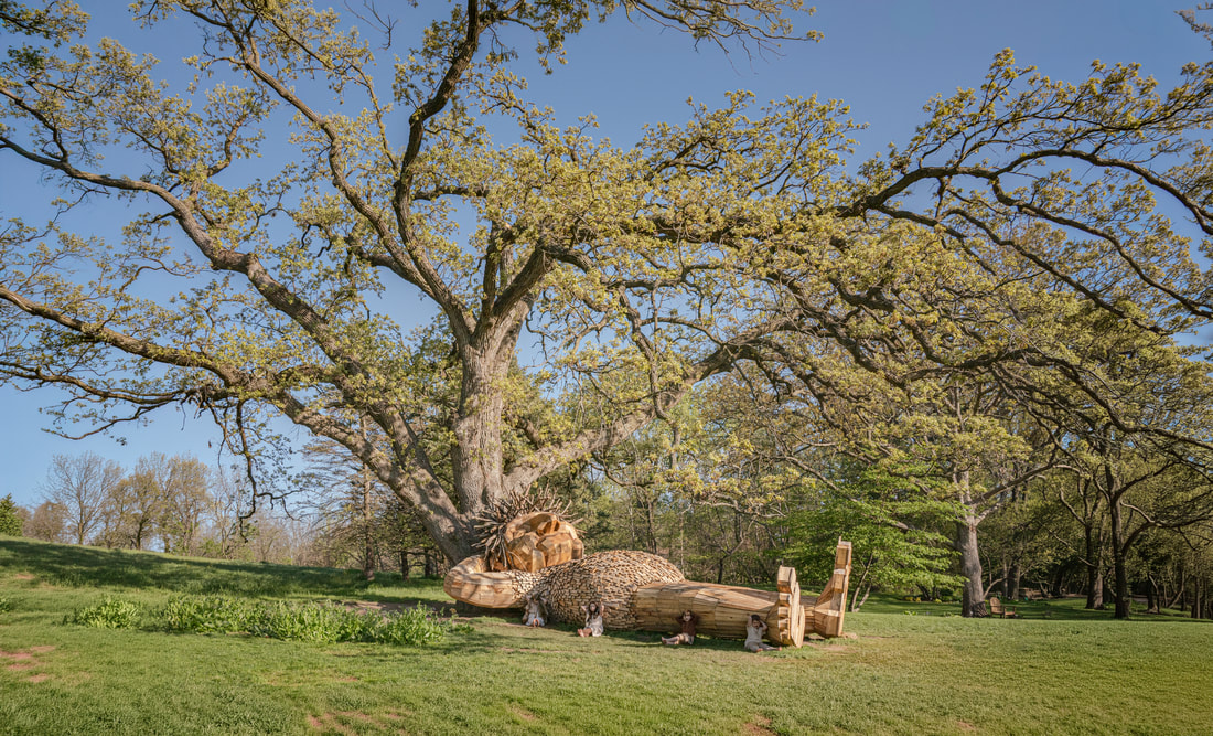 Thomas Dambo wooden troll reclining beneath a large tree in Clinton